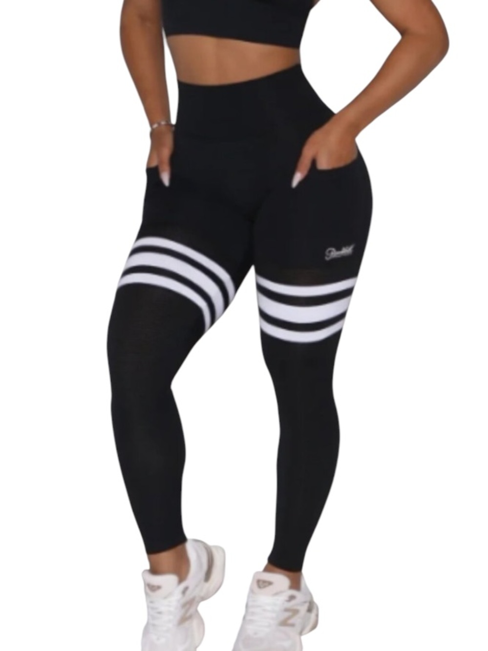Bombshell Sportswear Perform Thigh High Pocket Leggings Black White Size Large